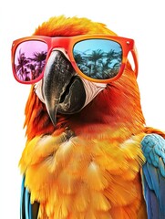 A tropical parrot with colorful sunglasses, ready for a commercial shoot.blank templated, rule of thirds, space for text, isolated white background neon light, extreme right, rule of third