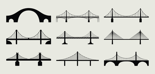 Twelve Different Types of Bridges Vector Illustrations