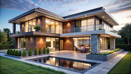 Fototapeta premium Modern luxury house with pool and patio at sunset.