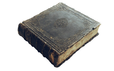 Worn out spell book with mystical runes and magical aura on aged leather cover isolated on transparent background PNG