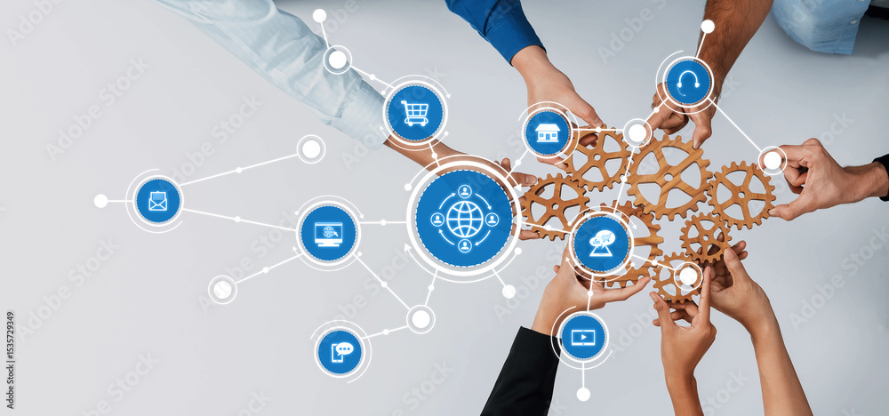 Poster This image captures hands connecting gears against a sleek background, symbolizing teamwork in technology, innovation, and business strategies for success and growth. Amity