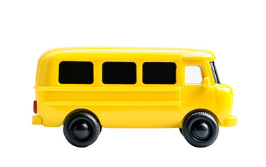 Classic miniature yellow school bus toy featuring glossy finish and realistic wheels isolated on transparent background PNG