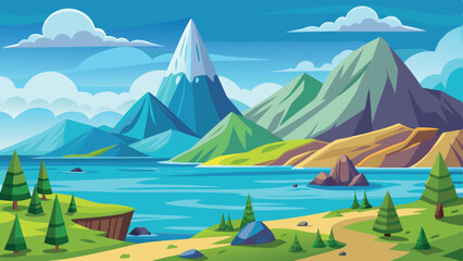 Cartoon Landscape Illustration with Mountains, Lake, Trees, and a Bright Blue Sky