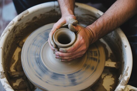 Skilled hands shaping clay on a pottery wheel creating a unique ceramic piece a craft process