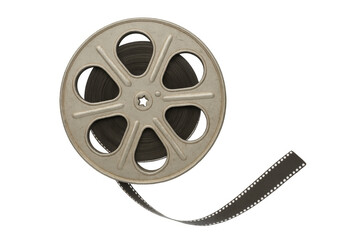 Naklejka premium Metal film reel unwinding, showing the film strip, isolated on transparent background, perfect for cinema and movie-related projects