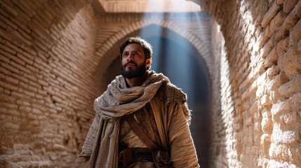 Obraz premium Thoughtful young caucasian male exploring sunlit stone corridor