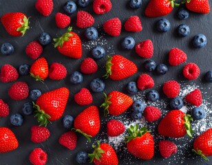 Obraz premium Strawberries, blueberries, and raspberries on dark stone surface. Top view with moody light for dessert, menu, or packaging