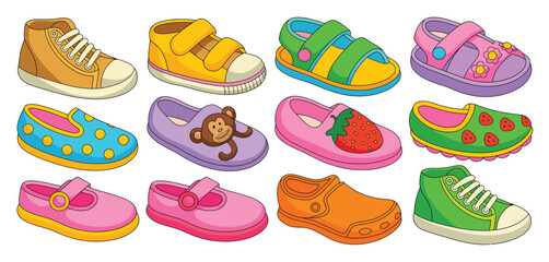 Colorful Cartoon Illustration of Kids Shoes Collection