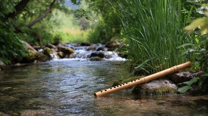Wooden flute on rocky stream in lush forest setting for tranquil nature vibes