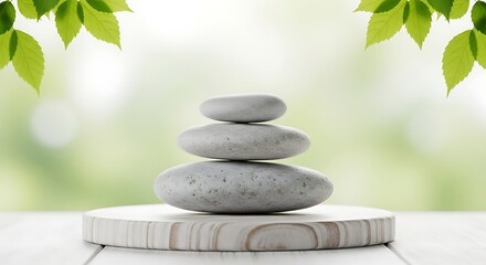 Serene Stacked Stones with Green Leaves on a Wooden Platform