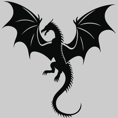 Silhouette of a Majestic Dragon Spreading Its Wings Fantasy Creature with Spikes and Claws Dark Mythical Beast Illustration