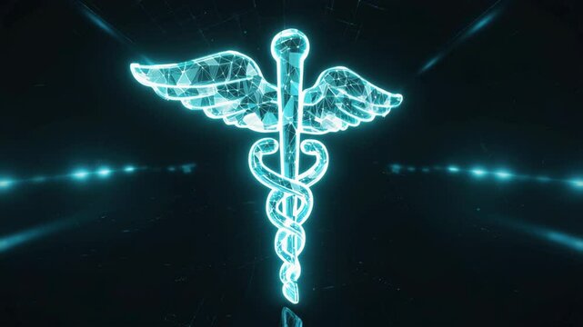 Digital holographic medical caduceus symbol glowing in blue with a polygonal design on a dark futuristic background, symbolizing advanced healthcare, medical technology, and innovation, medicine icon.