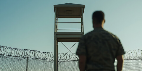 Guard standing watch at a barbed wire fence, with a security tower in the background, under a clear blue sky. Protecting the perimeter.