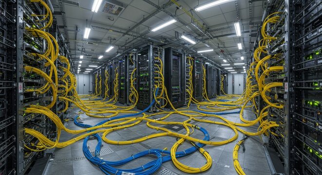 Data Center Network Infrastructure with Yellow and Blue Cables - High-density server room, complex network cabling, data center technology, infrastructure, server farm.