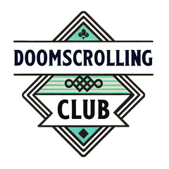 Retro Y2K style graphic Doomscrolling Club neon text, glitch effect, pastel gradient, digital humor