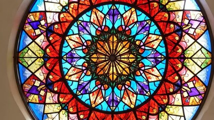 Detailed stained glass rosette window design featuring vibrant colors and intricate geometric patterns, creating an artful and symmetrical composition. - Powered by Adobe