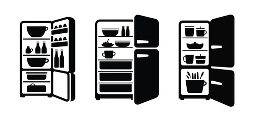 Three Open Refrigerators with Various Food and Drink Items