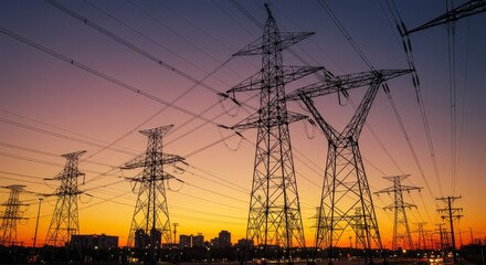 Electric Power Transmission Towers at Sunset - Silhouette of high voltage power transmission towers against a vibrant sunset sky, showcasing energy infrastructure and urban skyline