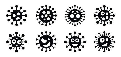 Eight Cartoon Virus Icons with Different Expressions