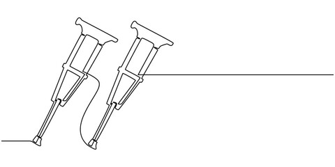 crutches continuous one line drawing, one line drawing crutches for support of injured and elderly people. Medical equipment concept, Continuous one single line drawing of modern elbow crutch, Single