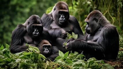 A close-up video still of a gorilla family in a lush forest, showcasing their natural habitat and interactions from a low-angle perspective - Powered by Adobe