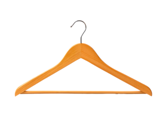 Wooden clothes hanger with metal hook on transparent background, PNG