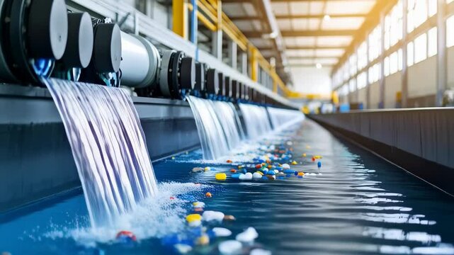 Industrial facility shows cascading water cleaning colorful plastic pellets in a long trough, sunlight and water management equipment.