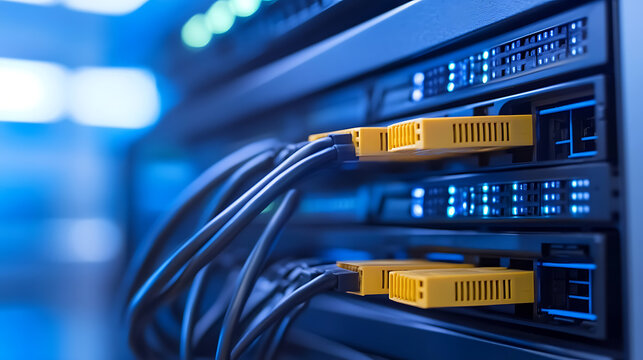 Server room with cables and data center equipment. High-tech infrastructure for data storage, processing, and network connectivity. Reliable and secure data management. - Powered by Adobe