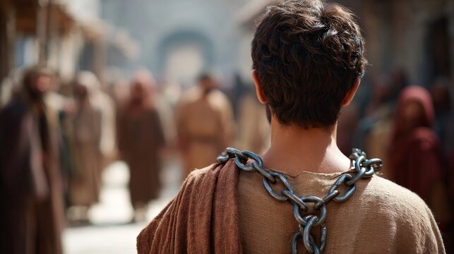 Young jewish male with chain in historical street scene
