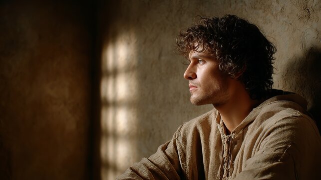 Young jewish male in contemplative pose with dramatic lighting and textured background