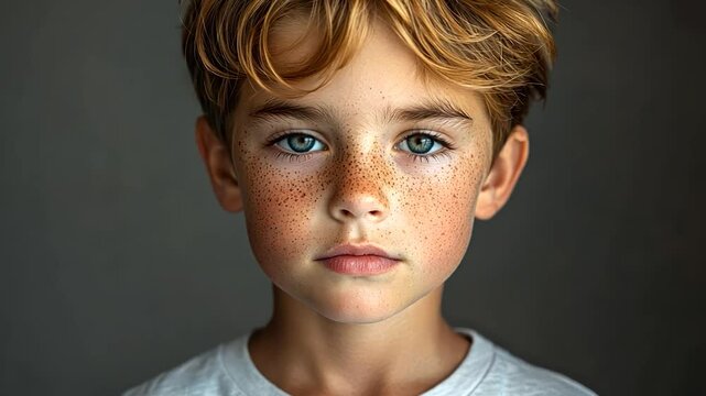Close up portrait of a boy with freckled face and bright blue eyes.  Soft lighting on neutral gray background.  Focus on facial features
