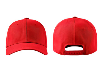 Red baseball cap front and back view with adjustable snapback on transparent background, PNG