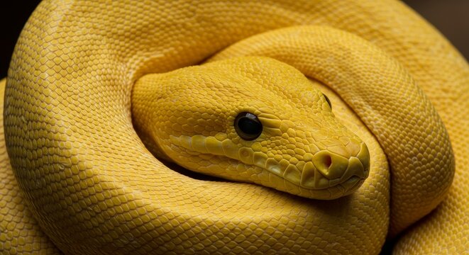 Golden Python Close Up - A detailed close-up of a vibrant yellow python, showcasing its intricate scales and captivating gaze
