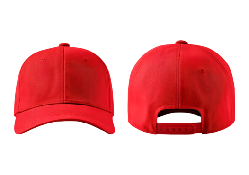 Red baseball cap front and back view with adjustable snapback on transparent background, PNG
