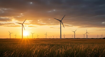 Obraz premium Golden Sunset Over Wind Farm - Scenic view of wind turbines silhouetted against a vibrant sunset over a golden field. Clean energy and renewable resources concept