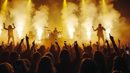 Energetic rock concert, large crowd cheering with raised hands, band performing on stage, bright yellow stage lighting, smoke effects, people taking photos with phones - Powered by Adobe