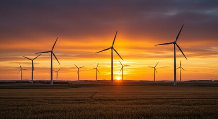 Obraz premium Golden Sunset Wind Farm - Peaceful sunset, wind turbines, golden fields, renewable energy, sustainable future. Symbolizing harmony, innovation, nature, progress, and clean energy
