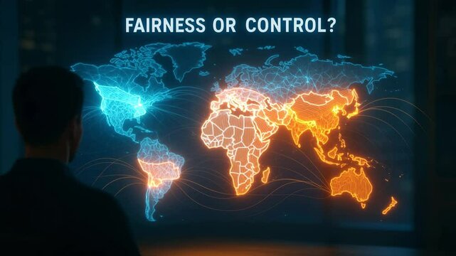 A global map visualization questions the balance between fairness and control in AI and data governance, highlighting ethical tensions in international digital networks.