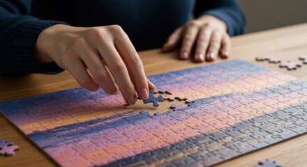 Hand Solving Sunset Jigsaw Puzzle - Person carefully placing a puzzle piece, completing a sunset jigsaw. Symbolizing patience, focus, problem-solving, accomplishment, and relaxation