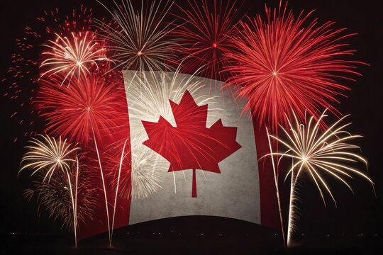 Canada day fireworks celebration with flag