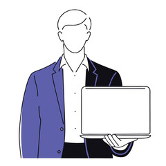 Faceless man displays a laptop wearing a modern blazer, a stylish minimalist representation