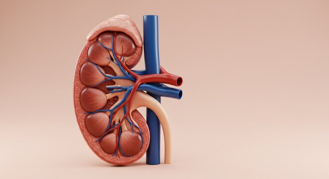 Detailed Human Kidney Anatomy Illustration showing Nephrons Blood Vessels and Renal Pelvis for Medical Education