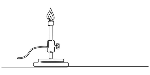 Chemistry Equipment Bunsen Burner Drawing, Bunsen burner - Laboratory equipment and tools object, one line drawing continuous design, vector illustration for science and education, bunsen burner one.