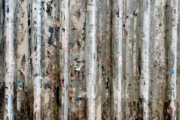 The corrugated metal surface is black and white, and the metal looks like it’s covered in layers of old posters, stickers, and advertisements that have been torn apart over time, leaving 