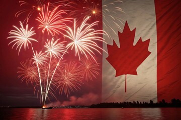 Canada day fireworks over lake with flag