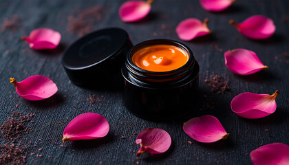 Luxurious Orange Face Cream in Black Jar Surrounded by Pink Petals on Dark Background Skincare Beauty Product Cosmetics Jar