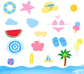 set of summer elements with hat, sunglasses, beach and tropical items