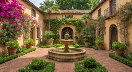 Mediterranean Courtyard Oasis - Serene courtyard fountain, lush greenery, and terracotta architecture create a tranquil escape. Perfect for luxury real estate, travel, or lifestyle publications