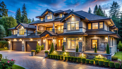 Elegant modern farmhouse luxury home exterior at twilight features rustic wood accents, stone columns, and expansive illuminated porch surrounds.