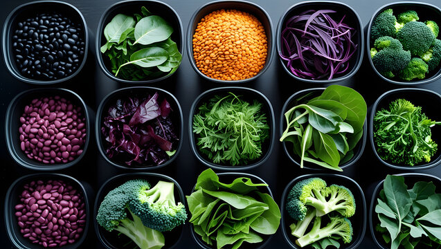 Fresh Vegetables and Herbs in Black Containers